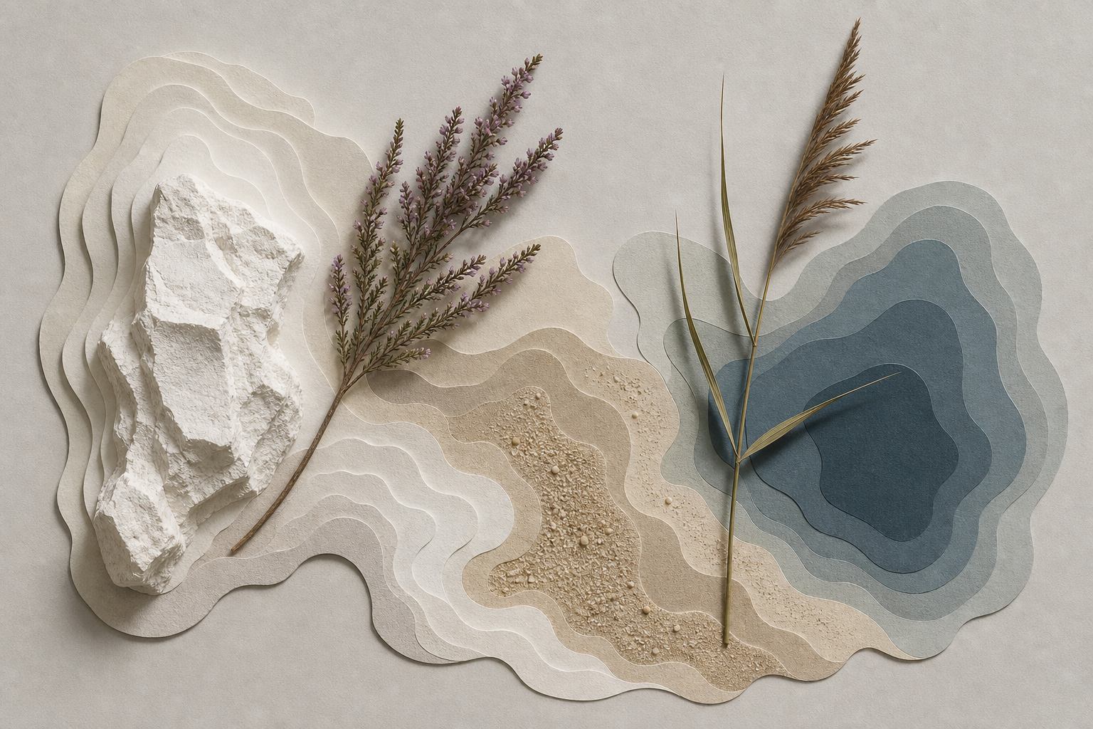Stillleben mit Kreide, Heidezweig und Dünen sand auf perlmuttfarbenem Grund