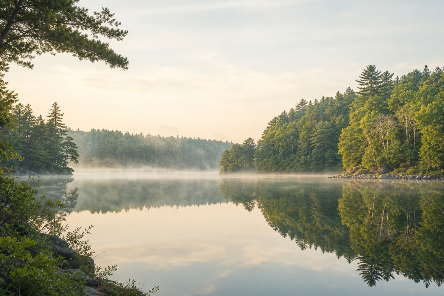 Ruhiger See mit Waldsaum in der Mecklenburgischen Seenplatte