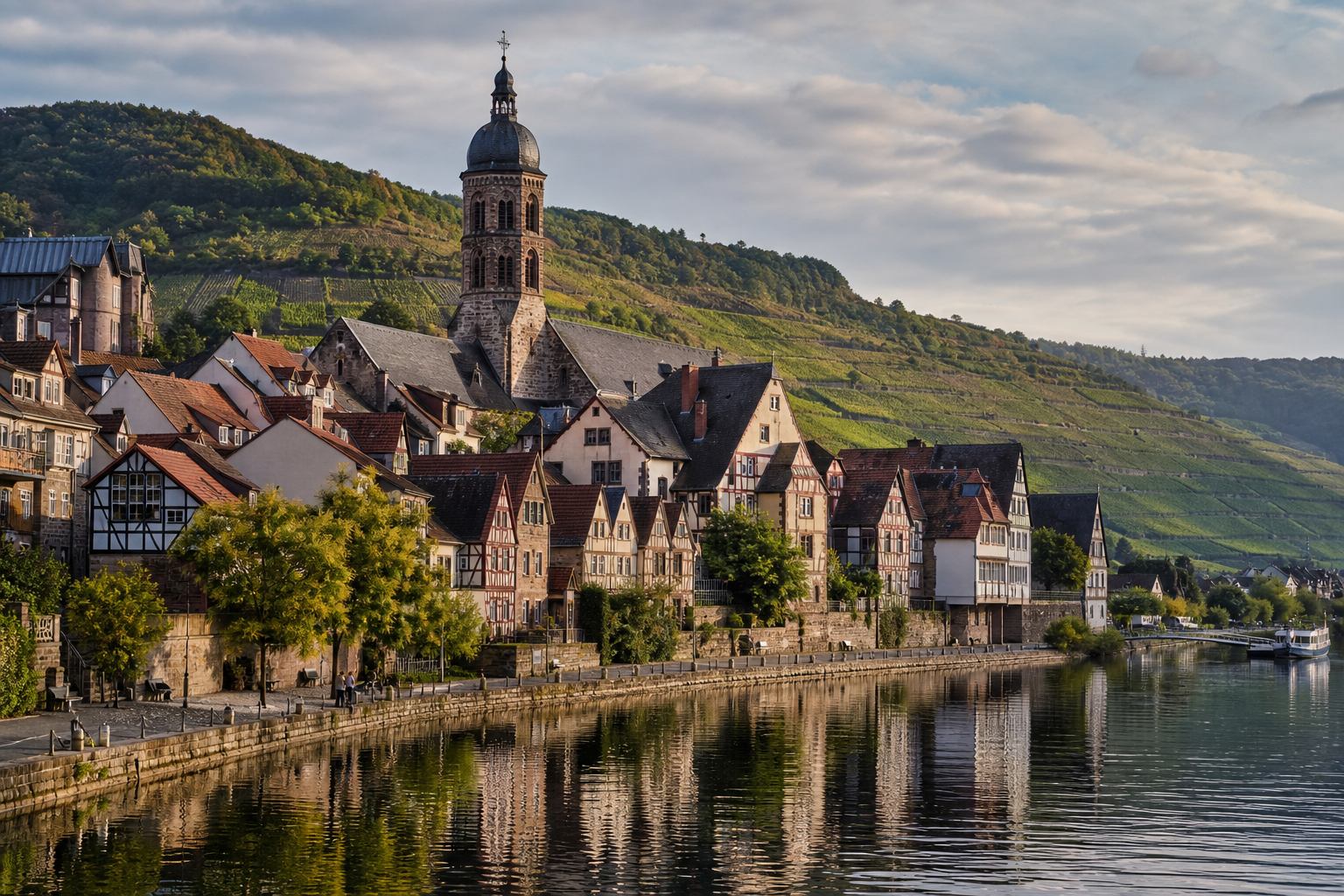 Historische deutsche Flussstadt an der Mosel mit Ziegeldächern